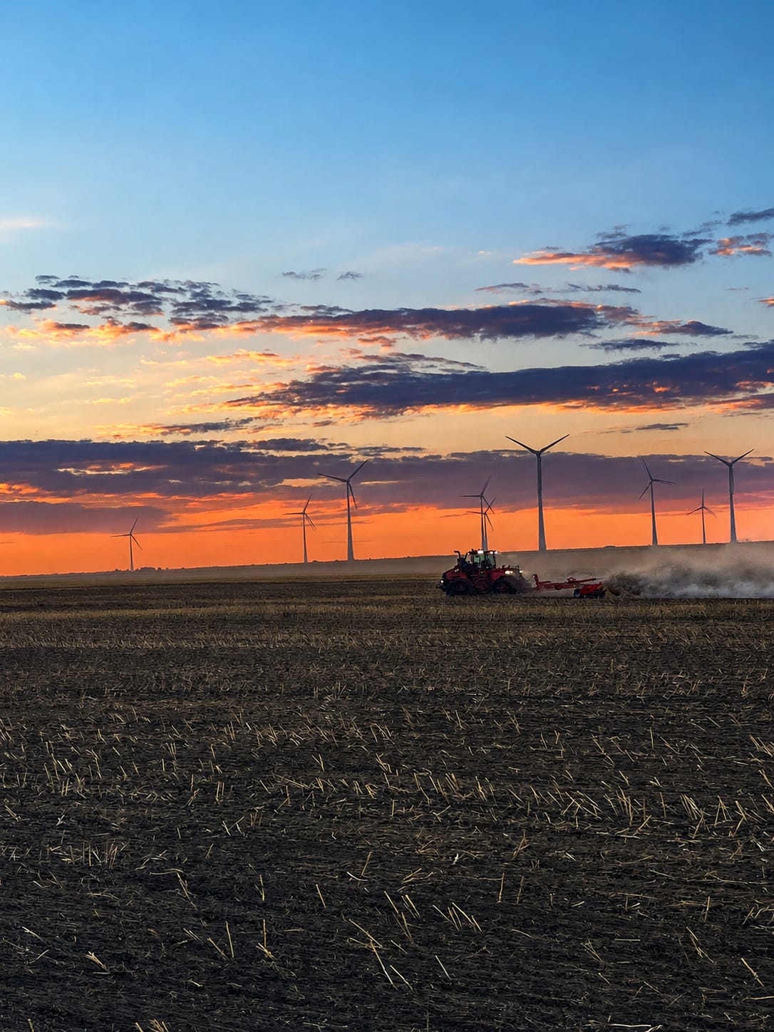 Tractor lucrand la apus, turbine eoliene Constanta