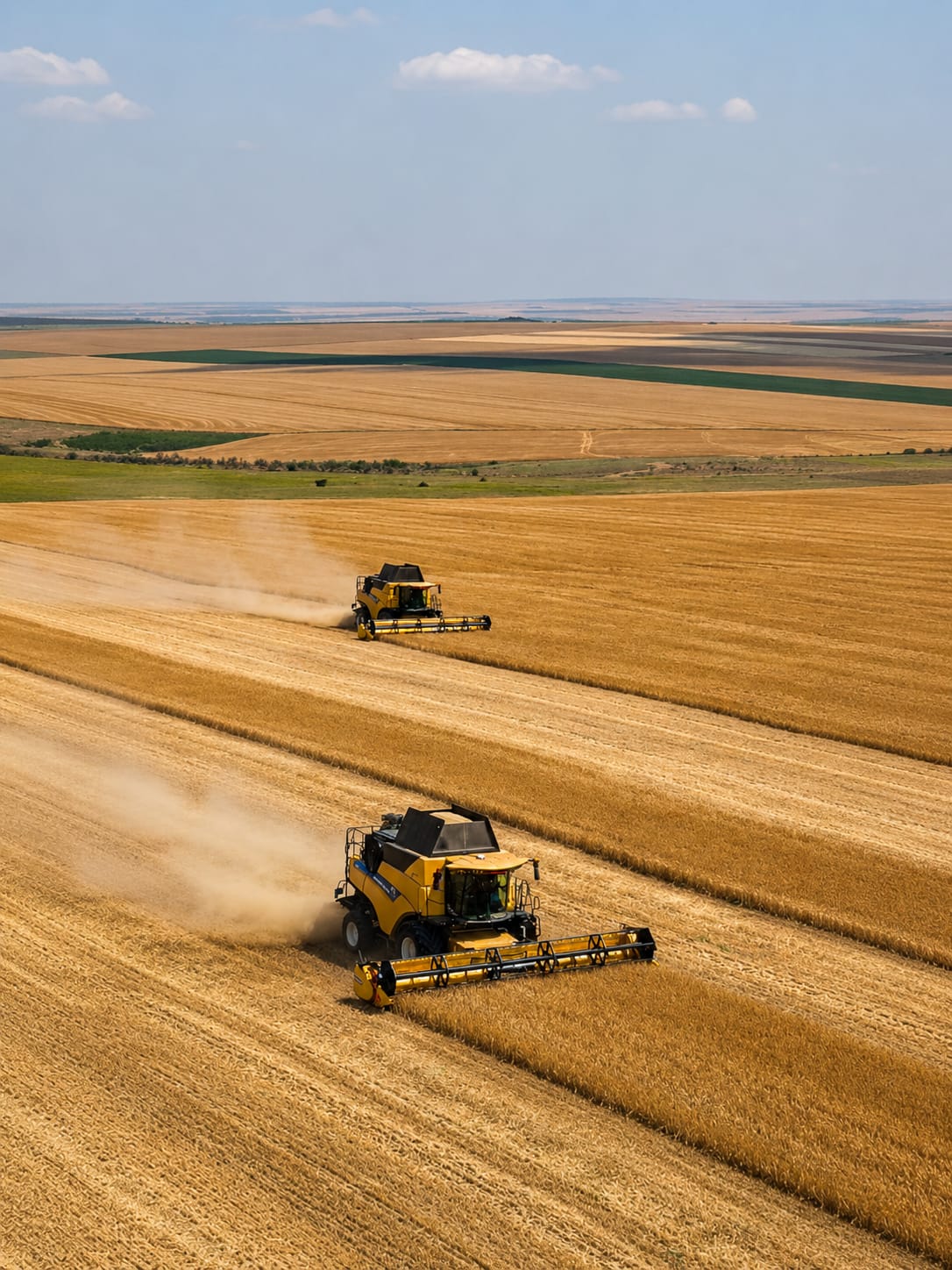 Doua combine New Holland recoltand grau, vedere aeriana