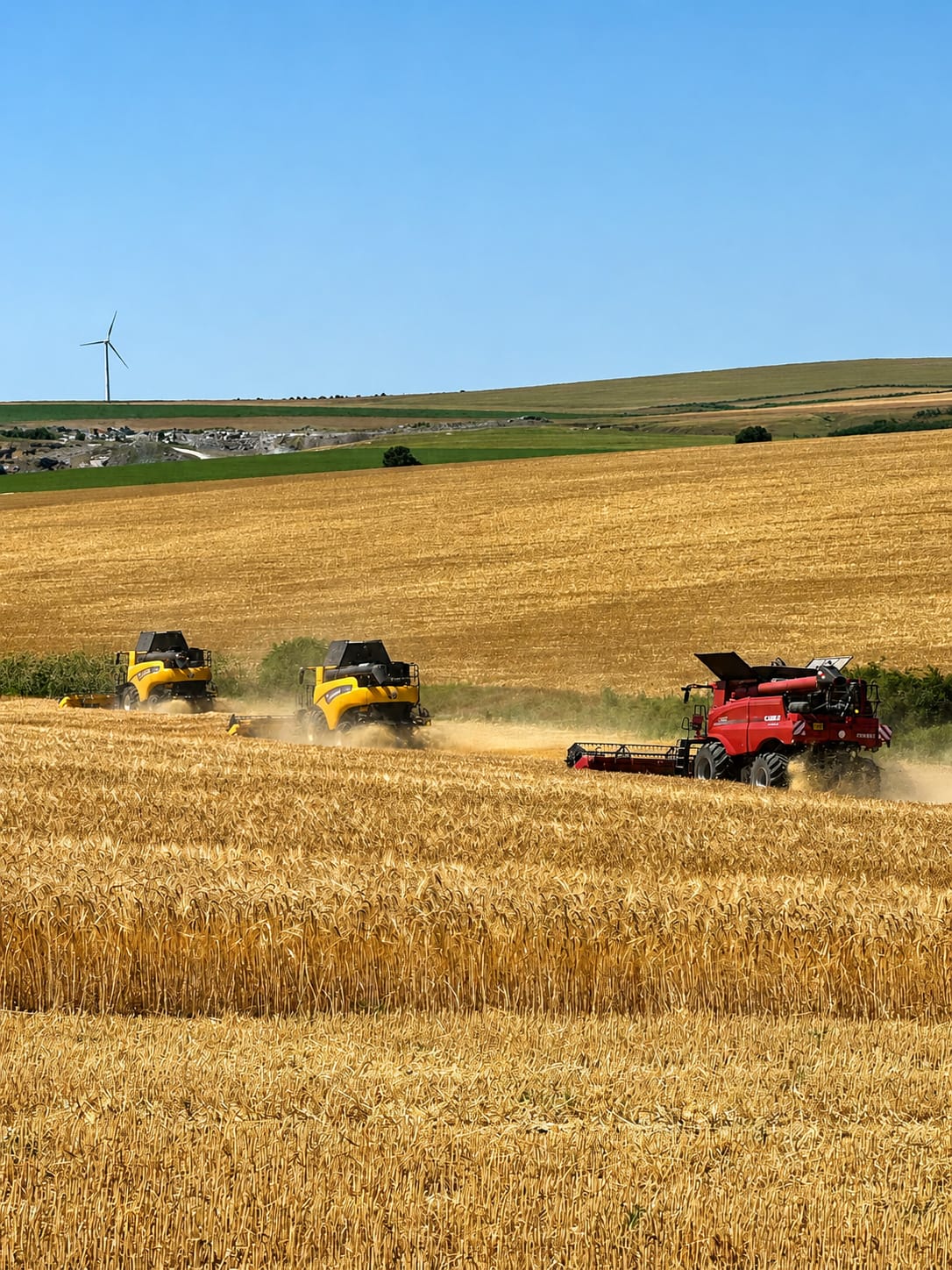 Trei combine in linie — recoltare grau Constanta